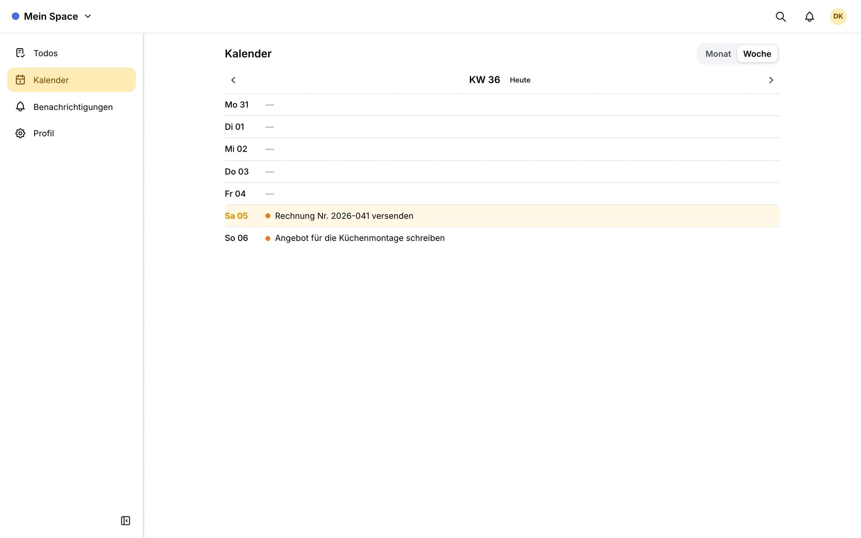 LiTha To-Do: The week in the calendar in a browser