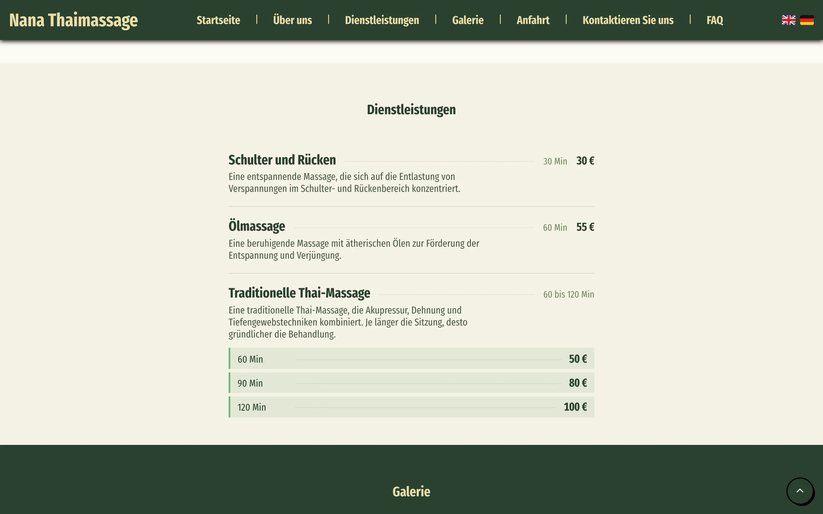 Nana Thaimassage: Treatments with duration and price in a browser