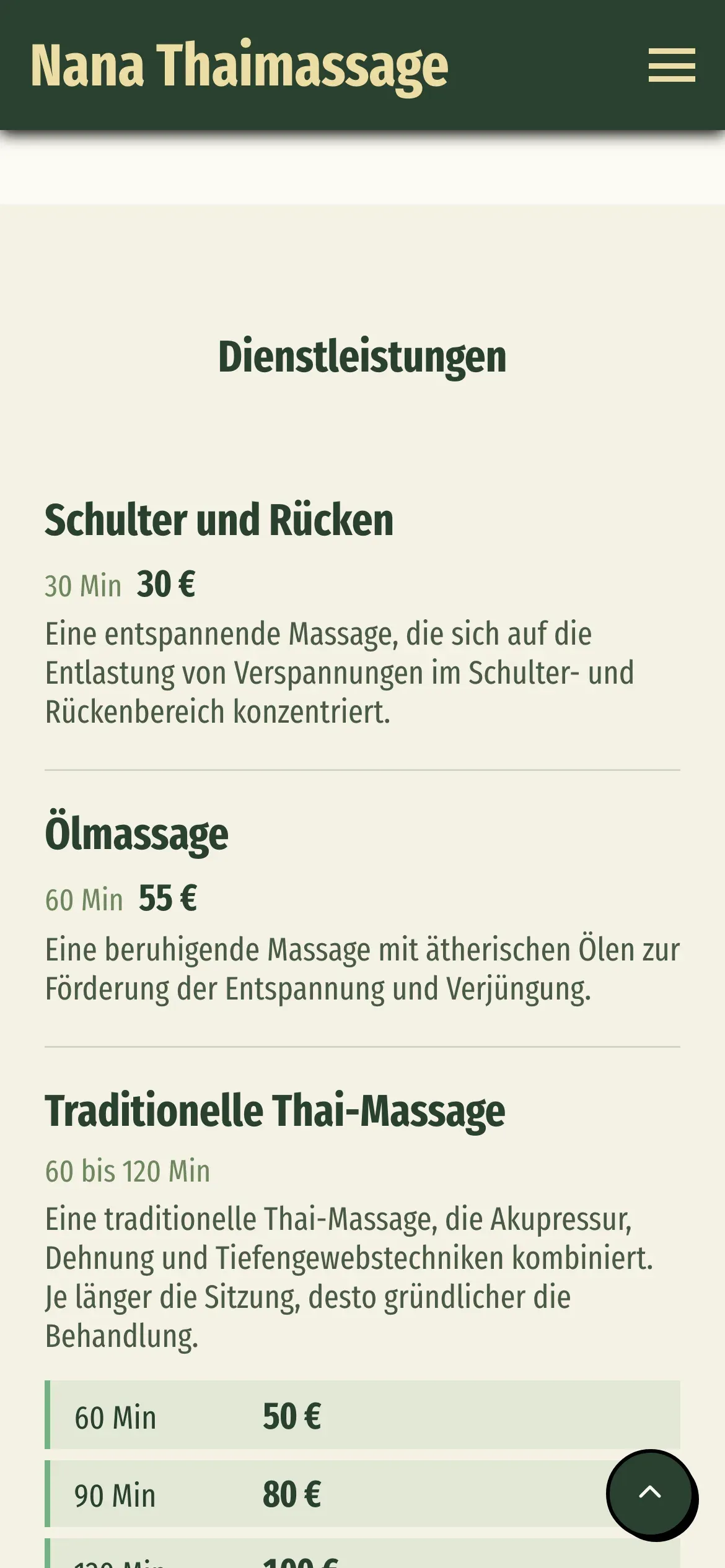 Nana Thaimassage: Treatments with duration and price on a smartphone